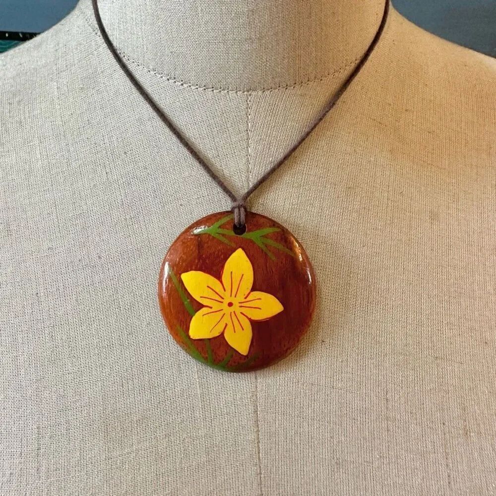 Hand painted flower wood pendant necklace